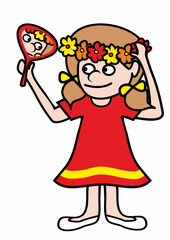 One girl with flower headband and mirror, flower wreath, red dress color, funny vector illustration
