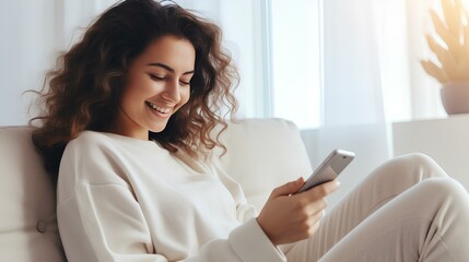 A smiling girl is sitting on the couch with a phone in her hands communicating via video or chat.