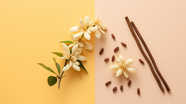 Top view of sticks and vanilla flowers on flat pastel beige background with copy space for text, banner template, picture frame.