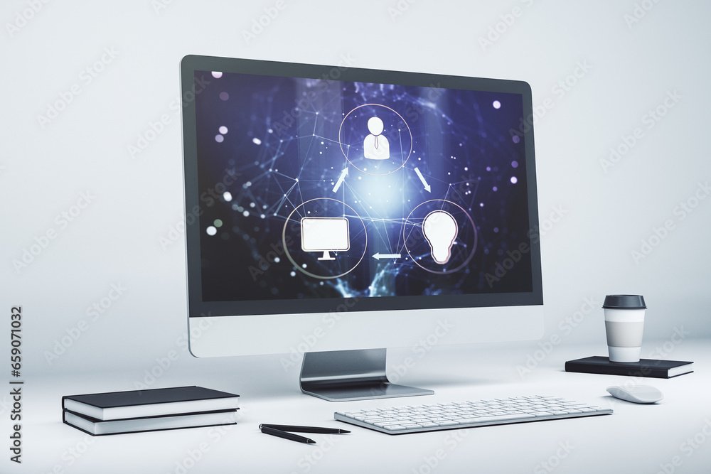 Poster modern computer monitor with social network icons concept. marketing and promotion concept. 3d rende
