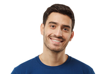 Close-up shot of smiling handsome man in blue t-shirt