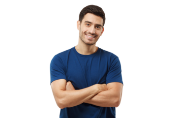 Portrait of smiling handsome man in blue t-shirt standing with arms crossed