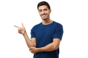 Handsome man in blue t-shirt pointing left with finger