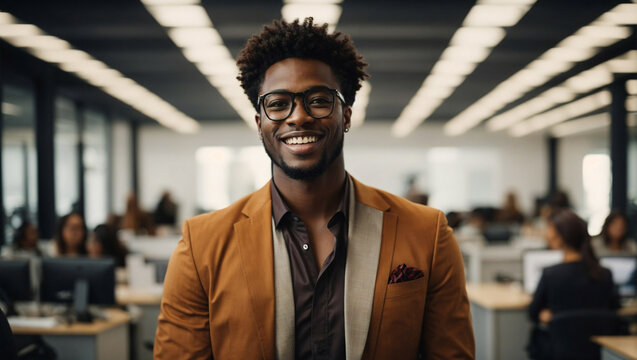 Bel uomo di origini africane con capelli ricci in un moderno ufficio con abito elegante
