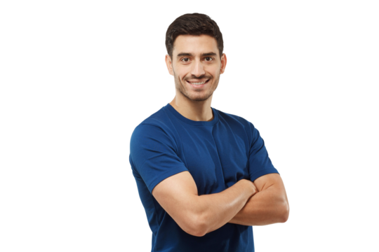 Portrait of smiling handsome man in blue t-shirt standing with arms crossed