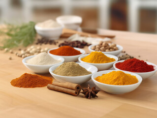 Variety of spices on wooden table
