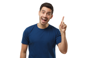 Portrait of young handsome smiling man in blue t-shirt, pointing his finger in eureka sign, having great idea, understanding solution