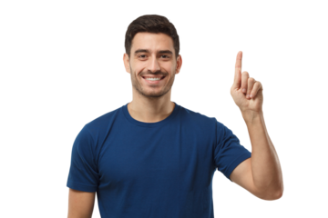 Happy young man in blue t-shirt pointing up with his finger