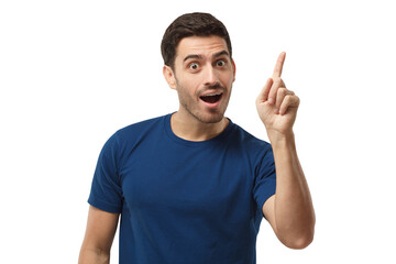 I got a solution! Smiling man wearing blue t-shirt, pointing finger in eureka gesture, having great innovative idea