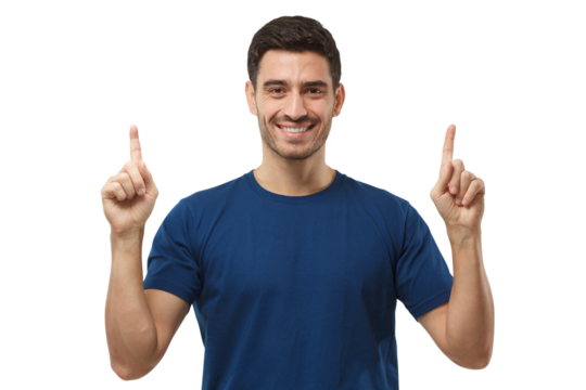 Smiling young man in blue t-shirt pointing up with both hands