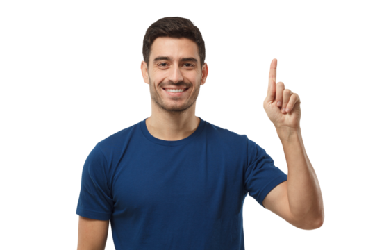 Happy young man in blue t-shirt pointing up with his finger