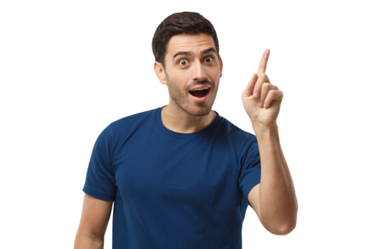 I got a solution! Smiling man wearing blue t-shirt, pointing finger in eureka gesture, having great innovative idea