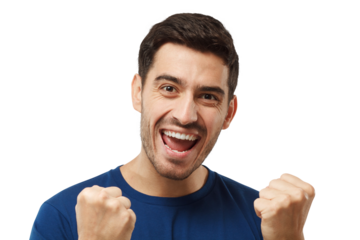 Young attractive man shouting while his team win, raised both fist in victory gesture