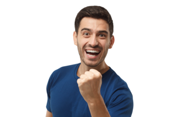Young man celebrating victory and shouting as if he is lucky winner, squeezing fists