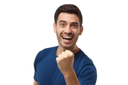 Young man celebrating victory and shouting as if he is lucky winner, squeezing fists