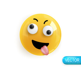 Emoji face dizzy with happiness. Realistic 3d design. Emoticon yellow glossy color. Icon in plastic cartoon style isolated on white background. Vector illustration