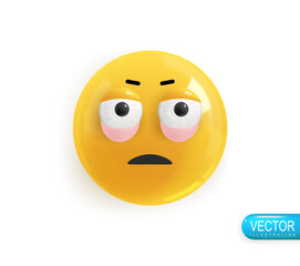 Emoji face with puffy eyes from fatigue. Realistic 3d design. Emoticon yellow glossy color. Icon in plastic cartoon style isolated on white background. Vector illustration