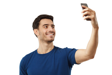 Portrait of young handsome smiling man using phone to take selfie