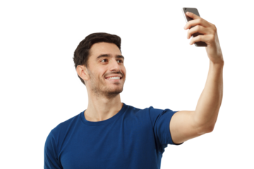 Portrait of young handsome smiling man using phone to take selfie