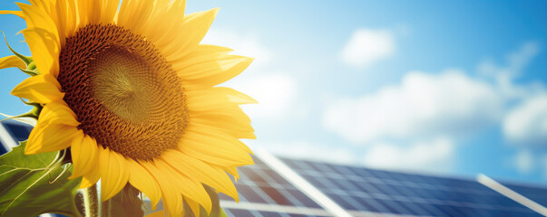 Close-up of a sunflower with solar panels in the background against the sky with copyspace for text. Clean renewable energy farming concept and green alternative power generation.