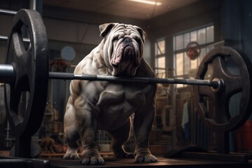 Muscular athletic dog bulldog gym at the barbell.  - obrazy, fototapety, plakaty