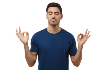 Concentrated relaxed man in blue t-shirt with closed eyes, having relaxation while meditating, trying to find balance