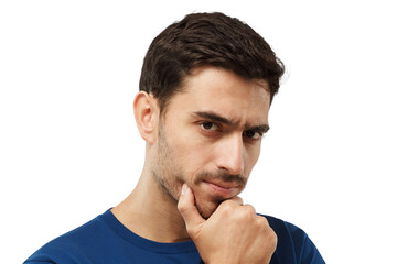 Close-up portrait of pensive young man in blue t-shirt thinking, doubt concept
