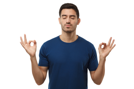 Concentrated relaxed man in blue t-shirt with closed eyes, having relaxation while meditating, trying to find balance - Powered by Adobe