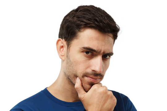 Close-up portrait of pensive young man in blue t-shirt thinking, doubt concept