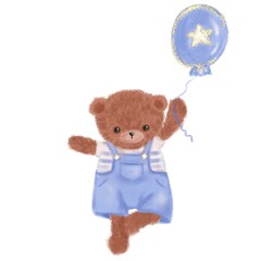 Cute Little Teddy Bear Flying With Ballon. Hand Painted Illustration Isolated On White Background. Great For Greeting Card, birthday, Baby Shower, Scrapbooking, Prints.