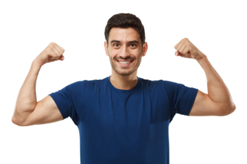 Portrait of cheerful smiling athletic man flexing both biceps and looking at camera