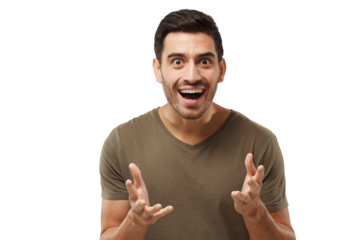 Crazy shocked young man, looking at camera with mouth wide open and bugged eyes