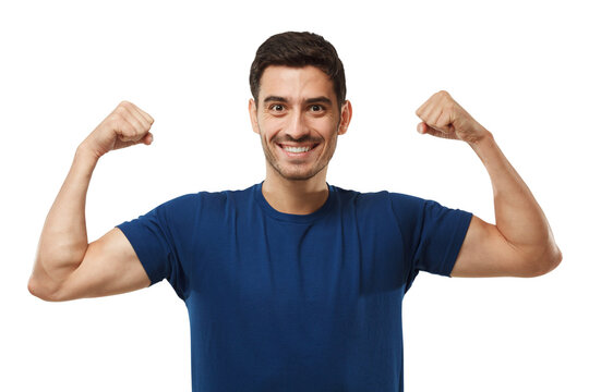 Portrait of cheerful smiling athletic man flexing both biceps and looking at camera