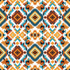 Ethnic abstract ikat pattern. Seamless pattern in tribal, folk embroidery, Mexican style. Aztec geometric art ornament print.Design for carpet, wallpaper, clothing, wrapping, fabric, cover, textile - obrazy, fototapety, plakaty