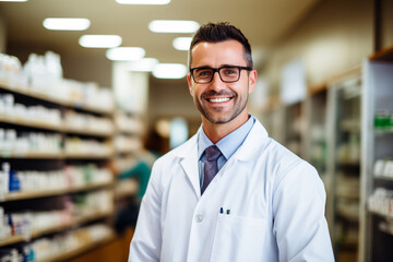Fototapeta premium Pharmacist/pharmacist standing at the medicine counter. Ai generative.
