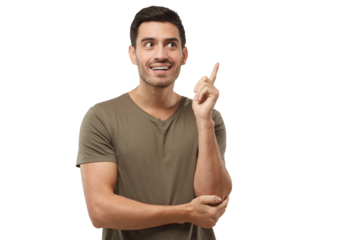 Portrait of young handsome man in t-shirt, pointing his finger in eureka sign, having great idea, understanding solution