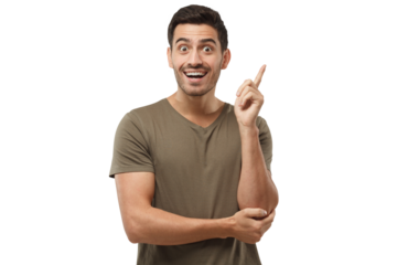 I have a great idea! Young man keeping finger pointed upwards, showing something above his head, making gesture with index finger