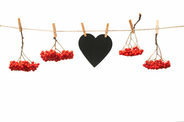Autumn gifts hanging on a rope attached with a clothespin, isolate on a white background, blank for...
