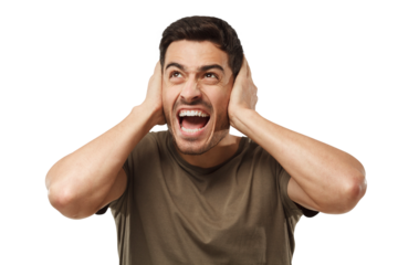 Young man shout at noisy neighbours, stressed by noise, closing ears with both hands