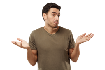 I don't know. Young man showing helpless gesture with hands, mouth curved as if he does not know what to do