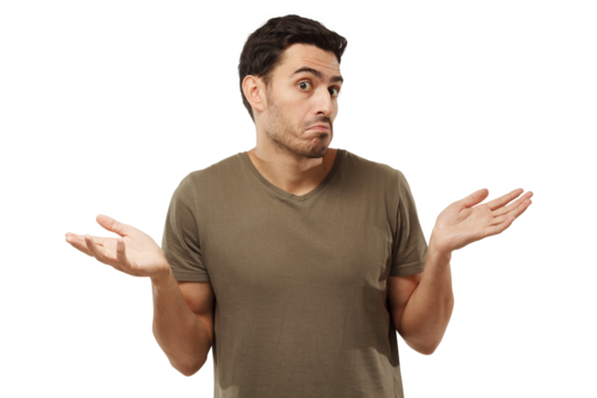 I don't know. Young man showing helpless gesture with hands, mouth curved as if he does not know what to do
