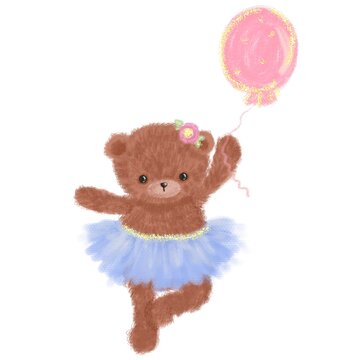 Ballerina teddy bear with balloon and flowers isolated on white background. Ballet animal. Hand painted illustration cute girl ballerina teddy bear.Great for greering card, scrapbooking, print