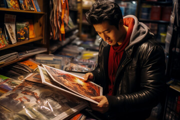 A Latin tourist grabs a comic at a Tokyo comic store  - obrazy, fototapety, plakaty