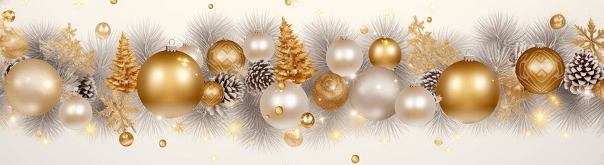 Horizontal banner for Christmas and New Year with golden and silver Christmas balls, fir branches, snowflakes, pine cones