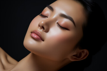 Asian woman applies skin tonic to cheek with closed eyes  - obrazy, fototapety, plakaty