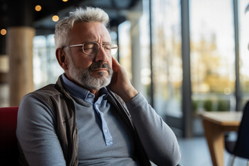 Elderly Man Relieves Neck Pain Rubbing and Massaging Tense Muscles 