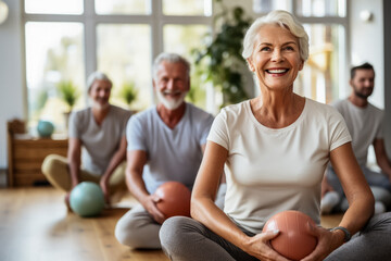 Elderly group squatting with physiotherapist improving health with exercise  - obrazy, fototapety, plakaty