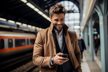 Naklejka premium Handsome young businessman on business trip chats on mobile at train station 