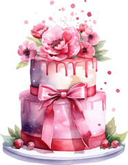 Watercolor birthday cake dessert clip art, Watercolor cakes clip art, birthday clipart, dessert illustration, sweets, bakery, cake clipart, cake logo design, wedding cake. - obrazy, fototapety, plakaty