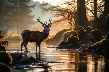 Red deer standing in the edge of a river in foggy forest. Created with Generative AI